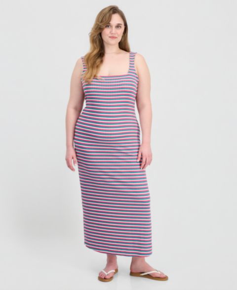 Женское платье FULL CIRCLE TRENDS Trendy Plus Size Printed Ribbed Knit Sleeveless Maxi, цвет: Белый / Фиолетовый полосатый