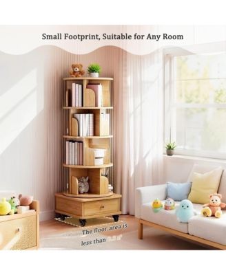 5 Tier Rotating Bookshelf with Drawers On Wheel, 360° Display Spinning Corner Bookcase, Wooden Storage Rack for Study Room