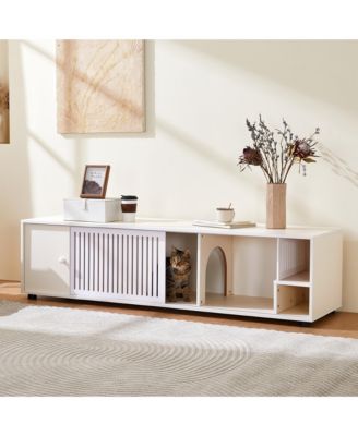 Modern Cream White TV Stand & Cat Litter Box Enclosure with Sliding Door