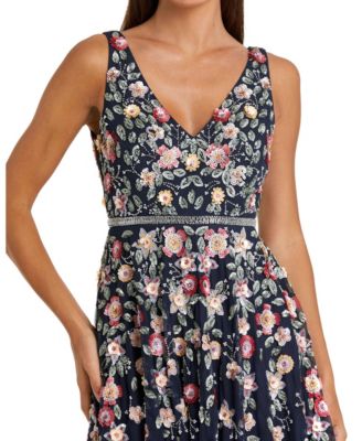 Women's Floral Beaded V-Neck Sleeveless A-Line Midi Dress