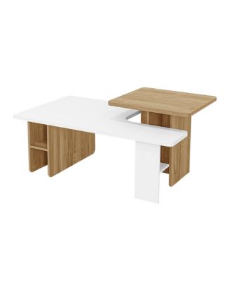 Nesting Coffee Tables Set of 2, Rectangle Wood Finish Center Table with Rounded Corners and Shelf for Living Room