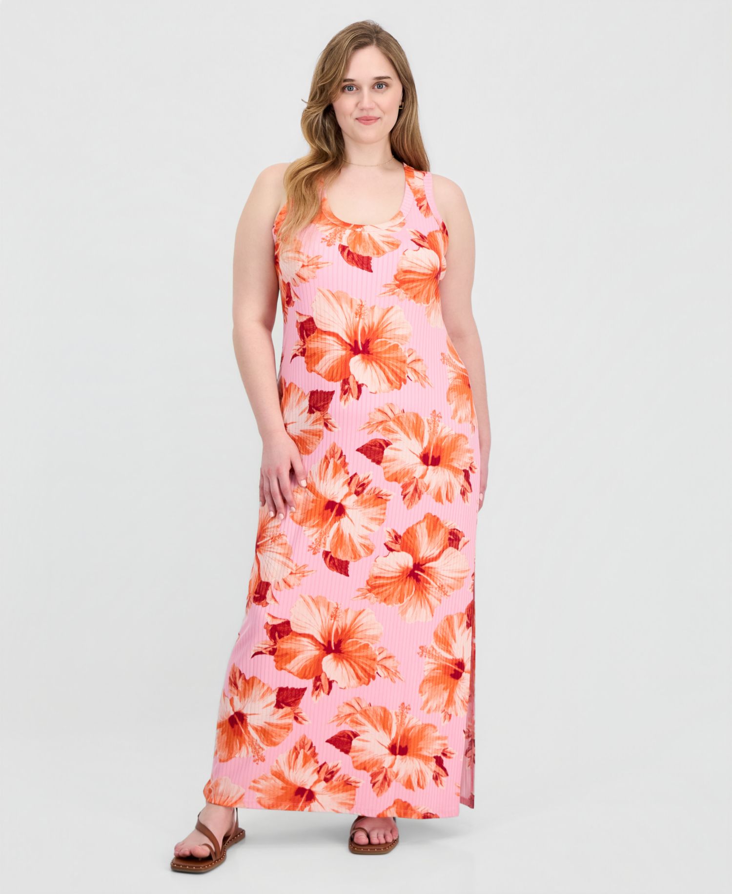 Trendy Plus Size Printed Ribbed Knit Sleeveless Maxi Dress