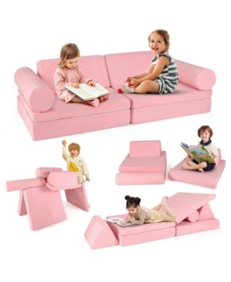 8 Pieces Kids Play Couch Foam Building Fort Play Set with Suede Cover-Pink