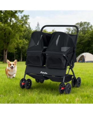 Double Pet Stroller w/ 2-seater Carrier Adjustable Sunshade Removable Pad