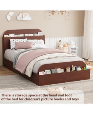 Twin Bed Frame with Storage Headboard and Raised Footboard for Kids Low Platform Wood Slats No Box Spring
