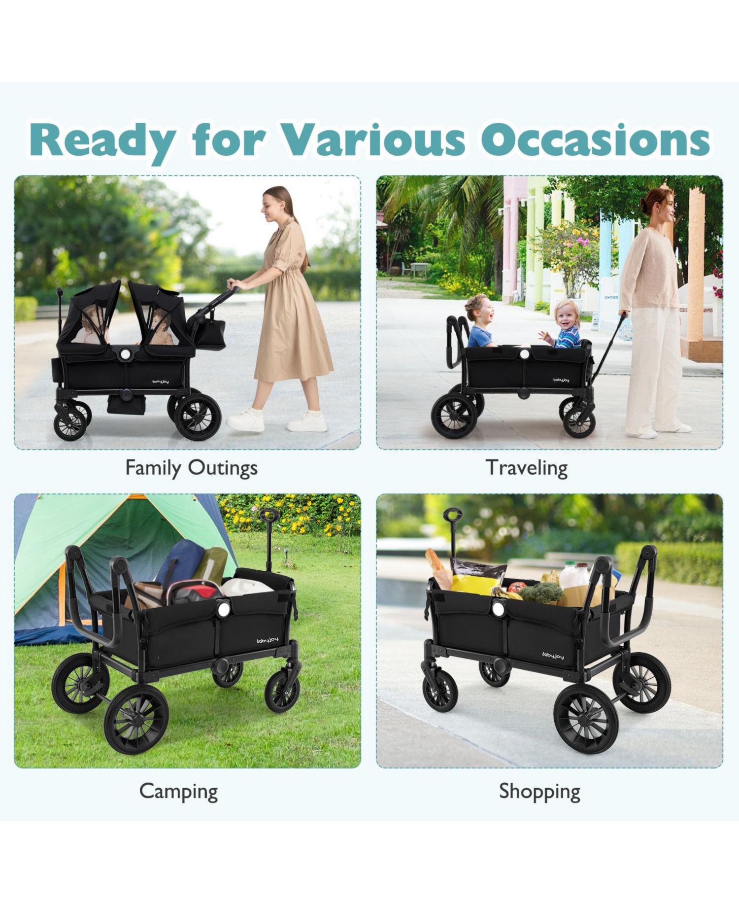 Wagon Stroller for 2 Kids Push Pull Double Stroller w/ Adjustable Handle