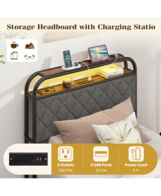 Platform Bed Frame with LED Lights and Charging Station