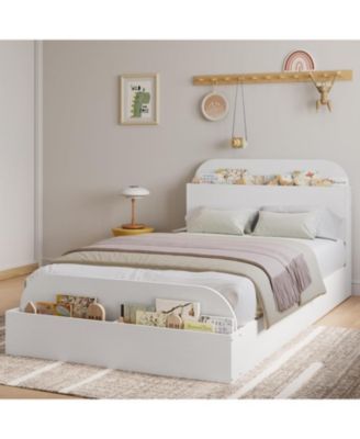 Bed Frame with Storage Headboard and Raised Footboard Low Platform Wood Slats No Box Spring