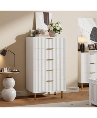 Fluted 5 Drawer Storage Dresser Tall Modern Chest with Deep Drawers and Wide Top