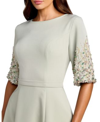 Women's Crepe A Line Midi Dress With Beaded Sleeves