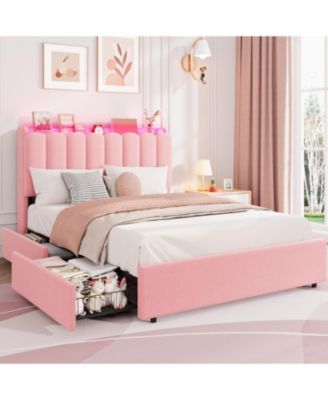 Bed Frame with LED Storage Headboard, 2 Drawers, Boucle Upholstery, Bookcase, Girls Platform, No Box Spring