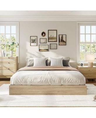 Full Floor Standing Bed Frame Sturdy Wood Slats Minimalist No Headboard No Box Spring Golden Tan Wood