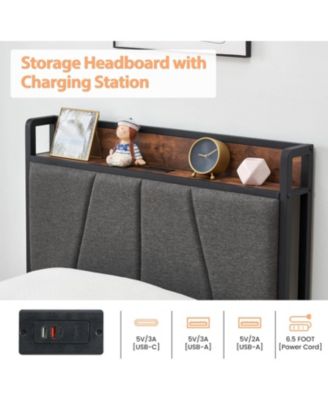 Bed Frame with 2 Drawers Charging Station Rustic Linen Upholstered No Box Spring Needed