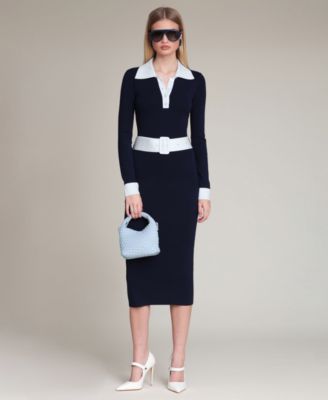 Women's Belted Polo Midi Sweater Dress