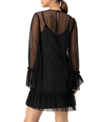 Women's Flocked Polka Dot Short Dress with Wide Long Sleeves