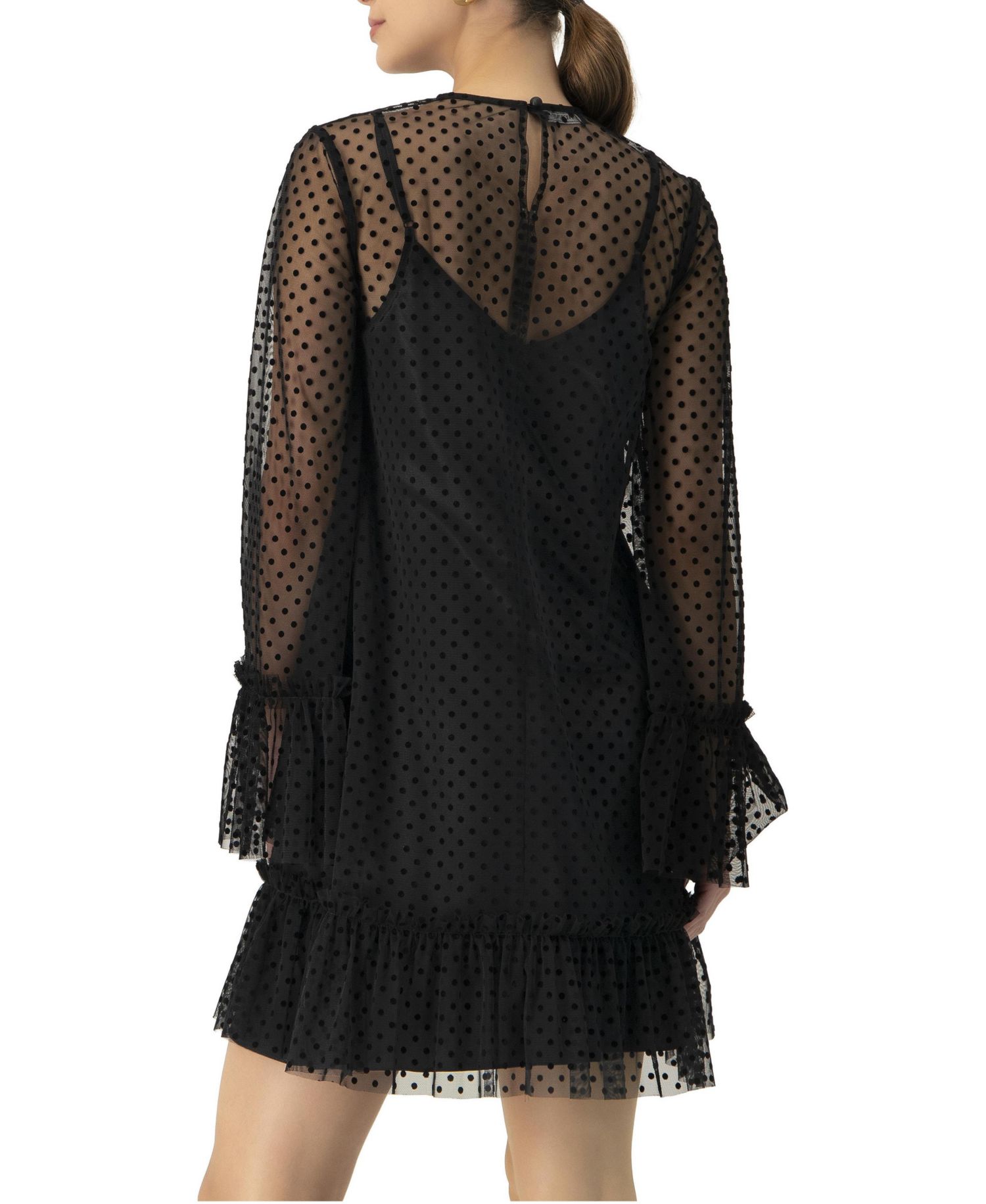 Women's Flocked Polka Dot Short Dress with Wide Long Sleeves