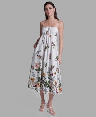 BCBG Women's Floral Print Square Neck Midi Dress - White Multi - Size 14