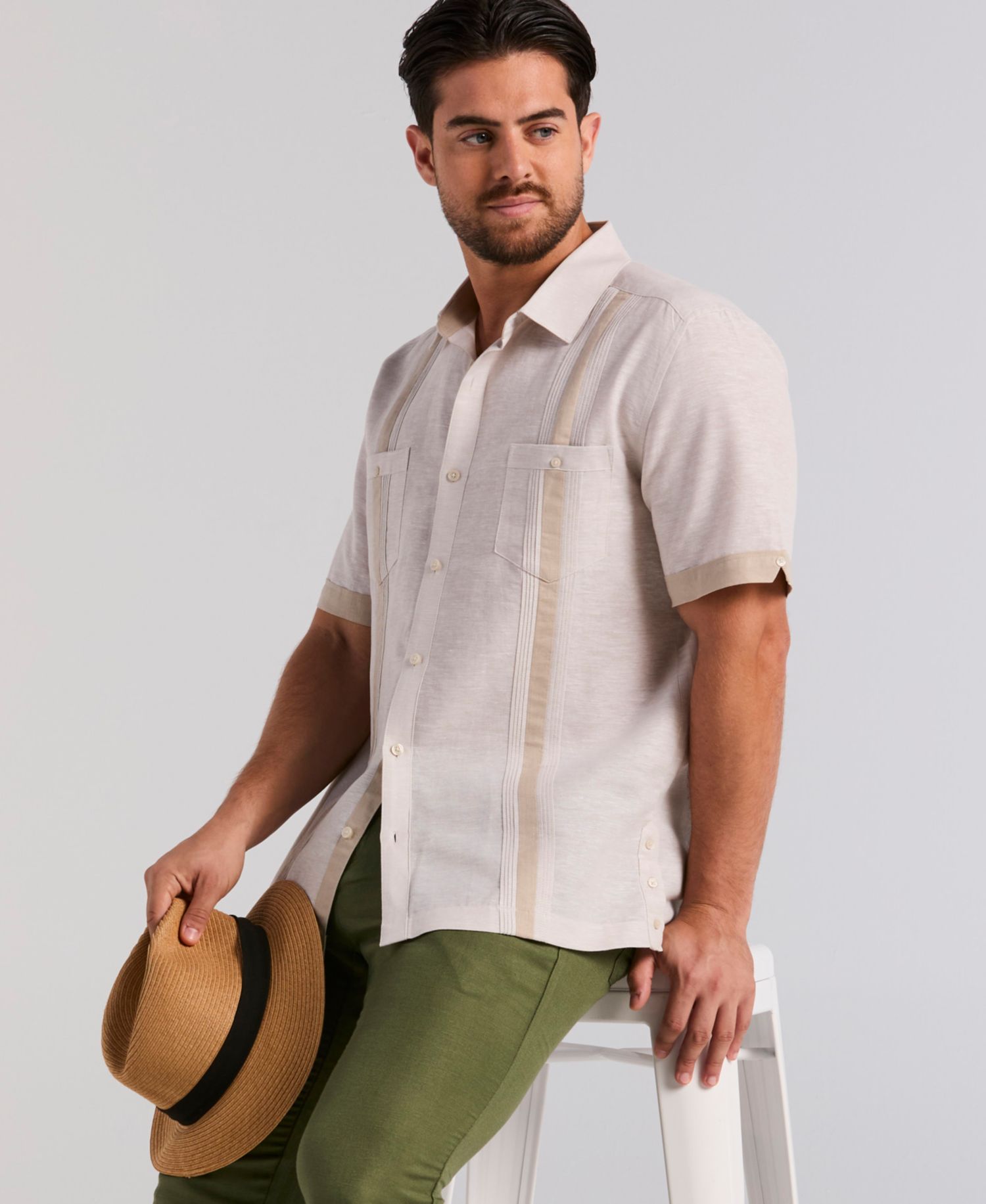 Men's Cross-Dyed Linen-Blend Short-Sleeve Pintucked Shirt