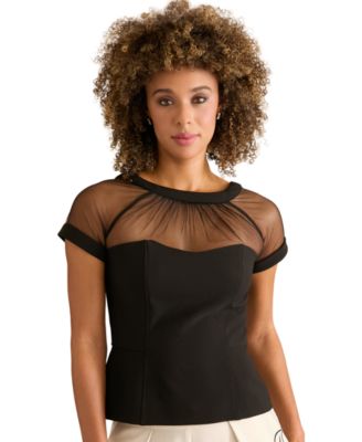 Women's Illusion Mesh Yoke and Sleeve Crewneck Top