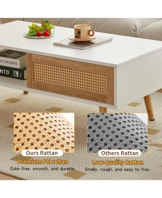 Rattan Coffee Table, Rectangle Wooden Center Tables with Sliding Door and Solid Wood Legs for Living Room, Home Office
