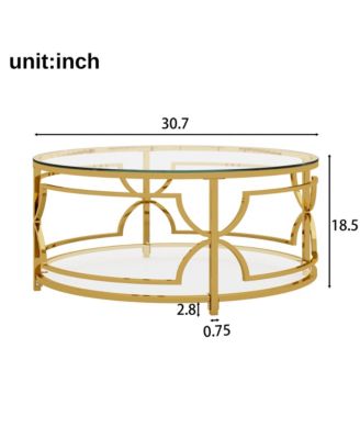 Round Tempered Glass Coffee Table, Modern 2-Tier Center Table, Luxurious Geometric Metal Frame for Living Room, Transparent