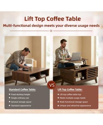 Lift Top Coffee Table with Storage, Mid Century Modern Center Table with Sliding Slatted Door and Hidden Compartment for Living Room