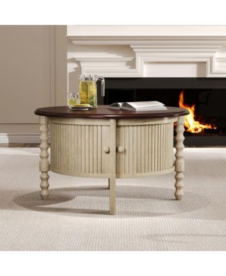 Vintage Round Coffee Table, Fluted Center Table with Sliding Door, Slatted Design for Living Room, Small Space