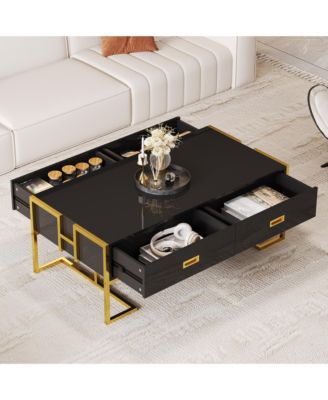Rectangular Coffee Table, Modern 47.4" Center Table with 4 Drawers and Gold Metal Base for Living Room, Home Office