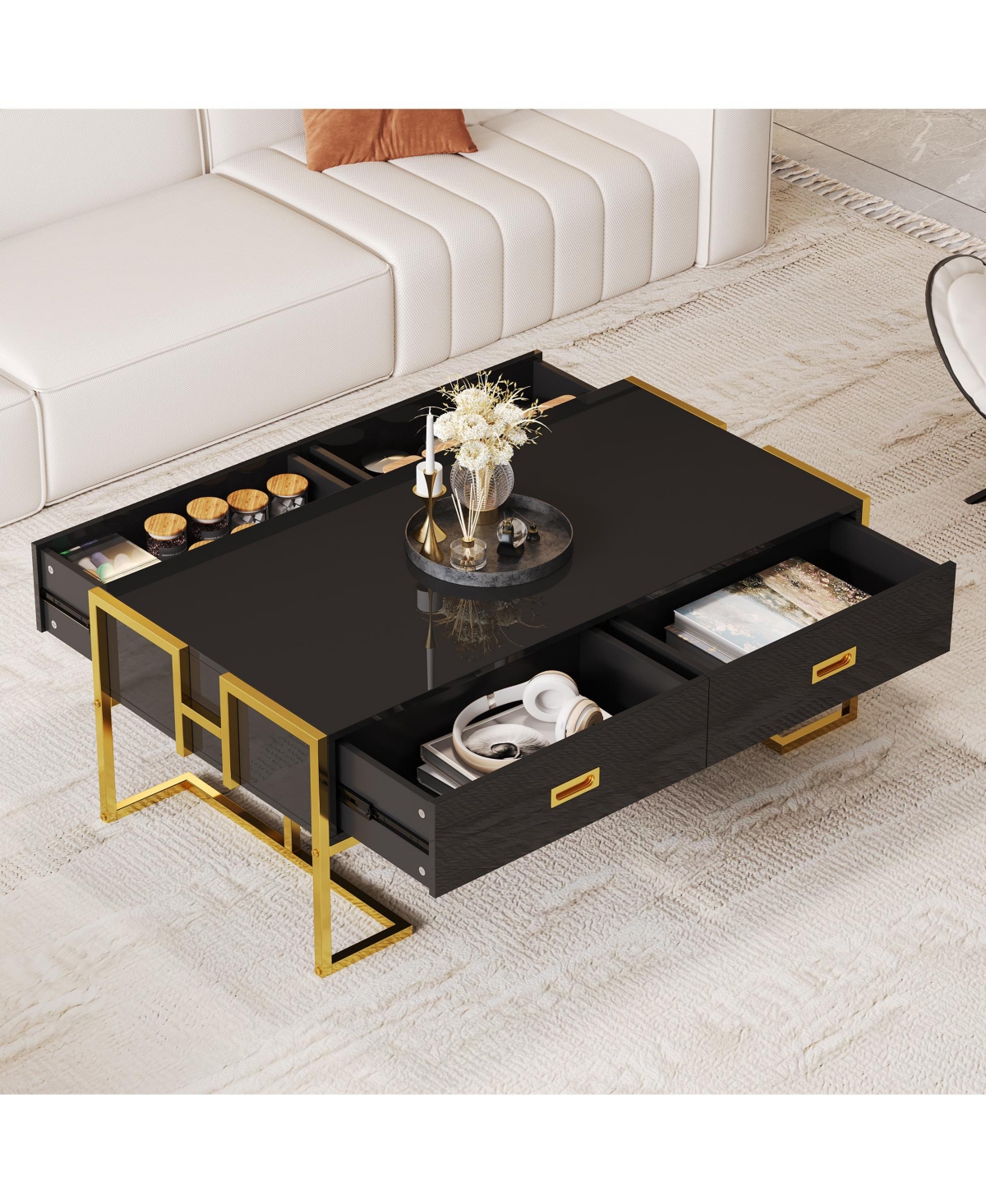 Rainsken Rectangular Coffee Table, Modern 47.4" Center Table with 4 Drawers and Gold Metal Base for Living Room, Home Office