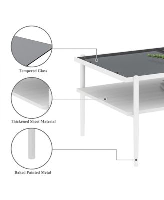 Rectangle 2 Tier Coffee Table, Center Table with Gray Tempered Glass Top and Wood Storage Shelf for Living Room, Small Space