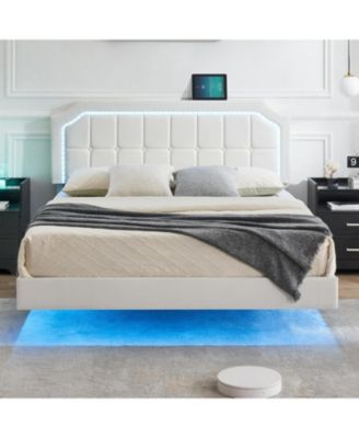 Queen Floating Platform Bed Frame, RGB LED Adjustable Headboard, Metal, No Box Spring, Quick Assembly