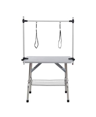46" Silver-Gray Folding Pet Grooming Table with Stainless Steel Frame and Adjustable Arm
