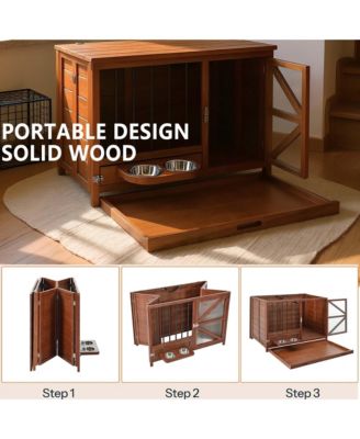  43" Solid Wood Dog Crate Furniture End Table with Rotating Feeder and Removable Tray