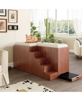 56" Walnut 2-in-1 Dog Crate Furniture with Padded Seat and Sliding Barn Door