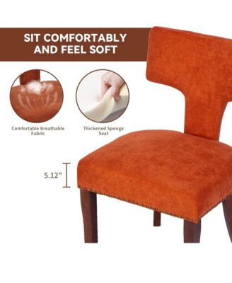 Modern Wooden Dining Chairs Set of 2 - Linen Upholstered Kitchen Chairs with Curved Backrest, Copper Nails for Dining Room