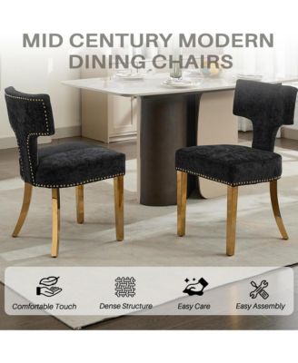 Dining Chairs Set of 2 - Chenille Fabric Upholstered Kitchen Chairs with Curved Backrest, Golden Stainless Steel Legs for Dining Room