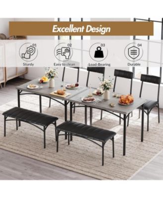5 Piece Dining Table Set for 4, Metal Frame Table with Bench & Upholstered Chairs, Modern Set for Apartments