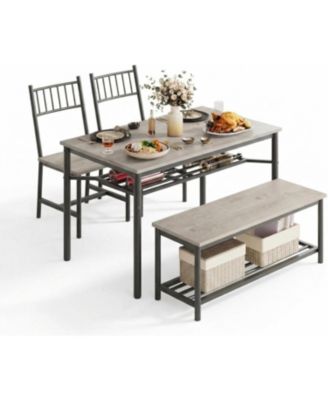 Farmhouse Dining Table Set for 4, Modern Rectangular Table, 2 Upholstered Chairs, Storage Benches & Rack