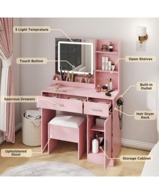 Makeup Vanity Table with LED Light Mirror, Charging Station, 2 Drawers and Storage Cabinet, Dressing Table Set with Stool for Bedroom