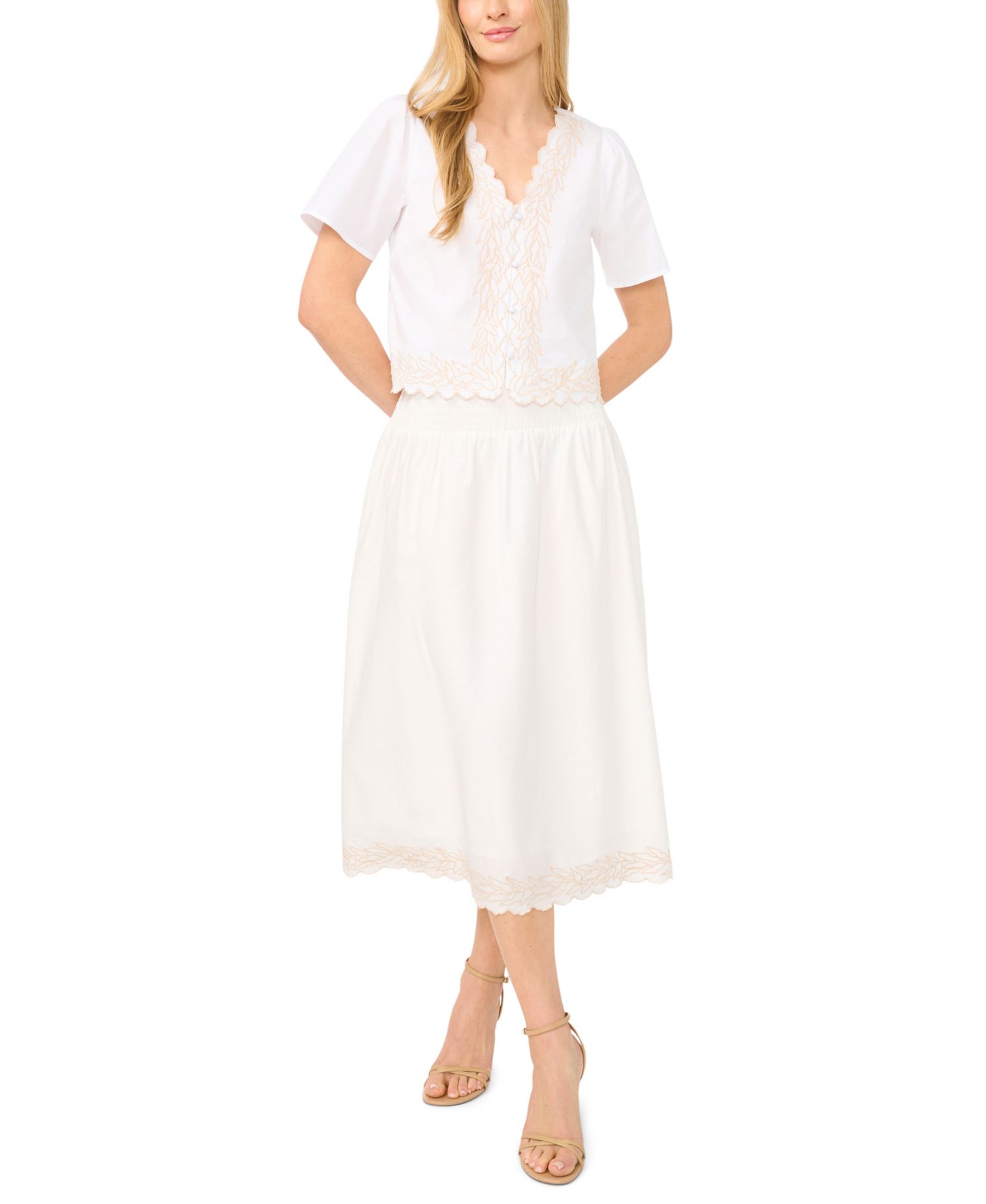 Women's Smocked-Waist Embroidered A-Line Midi Skirt