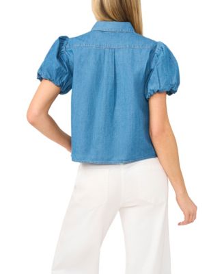 Women's Collared Puff-Sleeve Button-Up Cotton Top