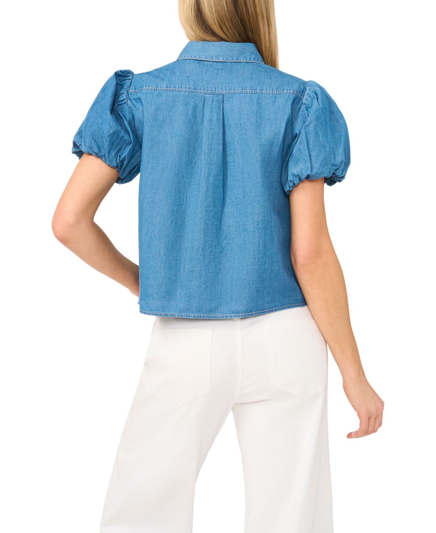 Женский топ CeCe Collared Puff-Sleeve Button-Up Cotton, цвет: Светлый индиго — фото 3