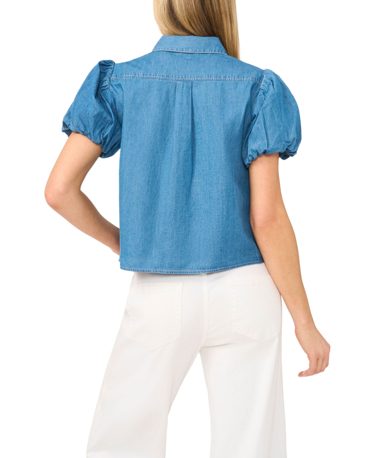 Women's Collared Puff-Sleeve Button-Up Cotton Top