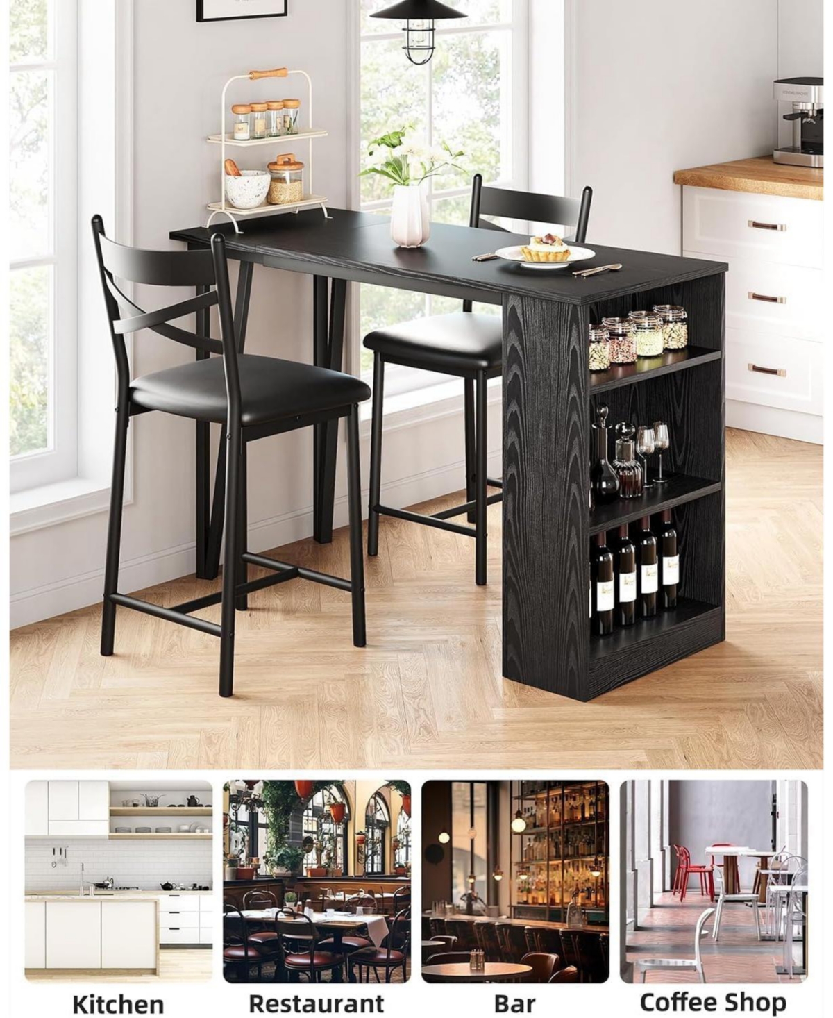 gaomon 3-Piece Bar Table Set for 2, Flip Top Extension Bar Table and Chairs with Shelves, Small Space Kitchen Set