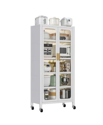 5 Tier Metal Display Storage Cabinet with Transparent Door, Adjustable Shelves and Wheels, Food Pantries Cabinets for Kitchen, Dining Room