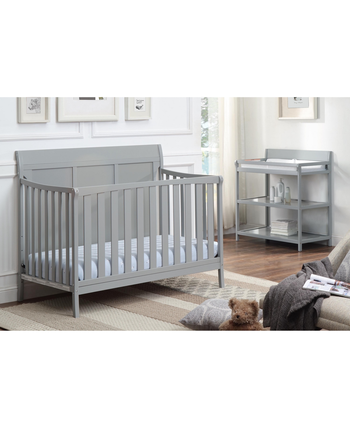 Flynama 4in1 Convertible Crib Modern Sleigh Style Solid Headboard Split Panel Design Three Adjustable Mattress Heights for Baby Nursery - Grey