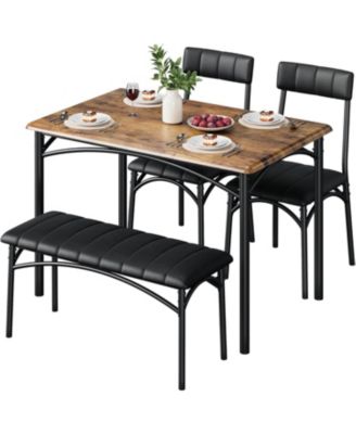 5 Piece Dining Set for 4, Rectangular Metal Frame Table with Bench & Upholstered Chairs, Compact Table for Small Spaces