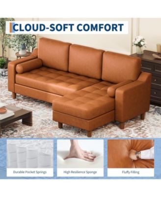 88.9" L-Shaped Leather Sofa with Chaise, Mid-Century Modern 3-Seater Couch