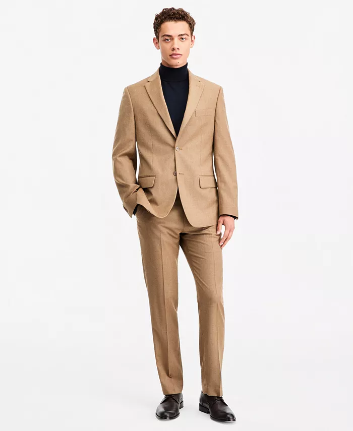Men's Modern-Fit Wool Tan Flannel Suit Separate Jacket - thumbnail 4