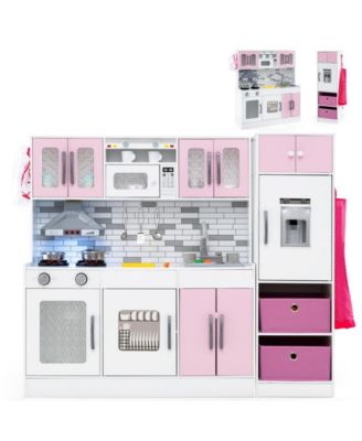 2 Piece Wooden Kids Play Kitchen Set with Refrigerator Sink Stove and Realistic Lights and Sounds